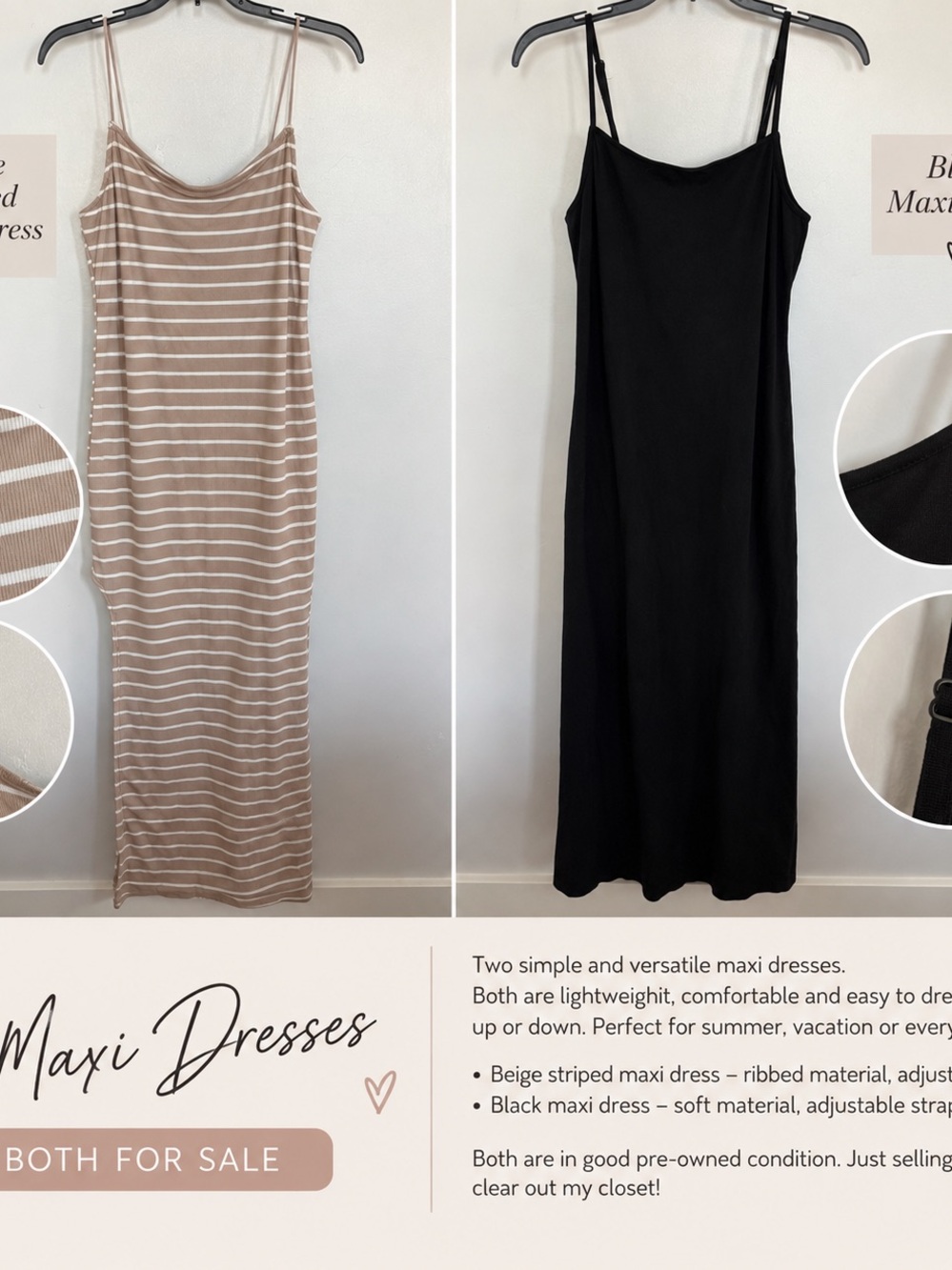 Source Unknown Beige & White Striped Maxi Dress and Black Slip Maxi Duo